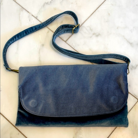NWOT Anthropologie dark gray blue velvety soft fold over purse adjustable strap - Picture 1 of 9